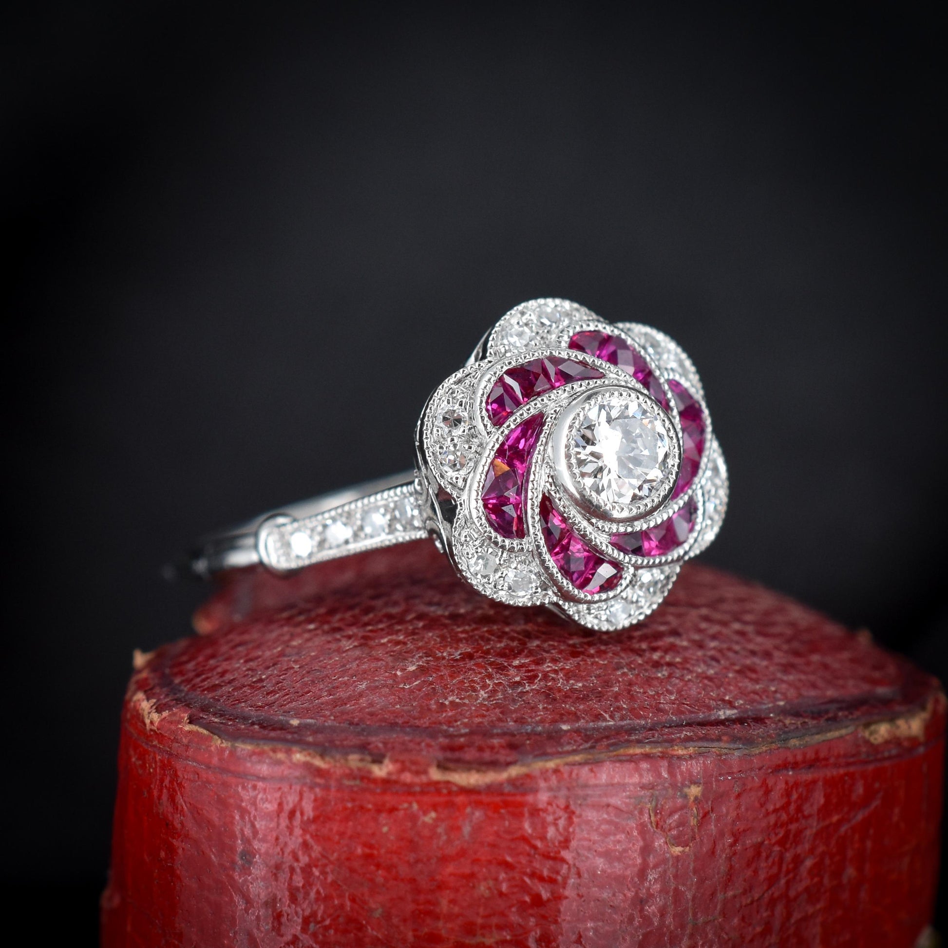 Art Deco Style Ruby and Old Cut Diamond Flower Cluster Platinum Ring