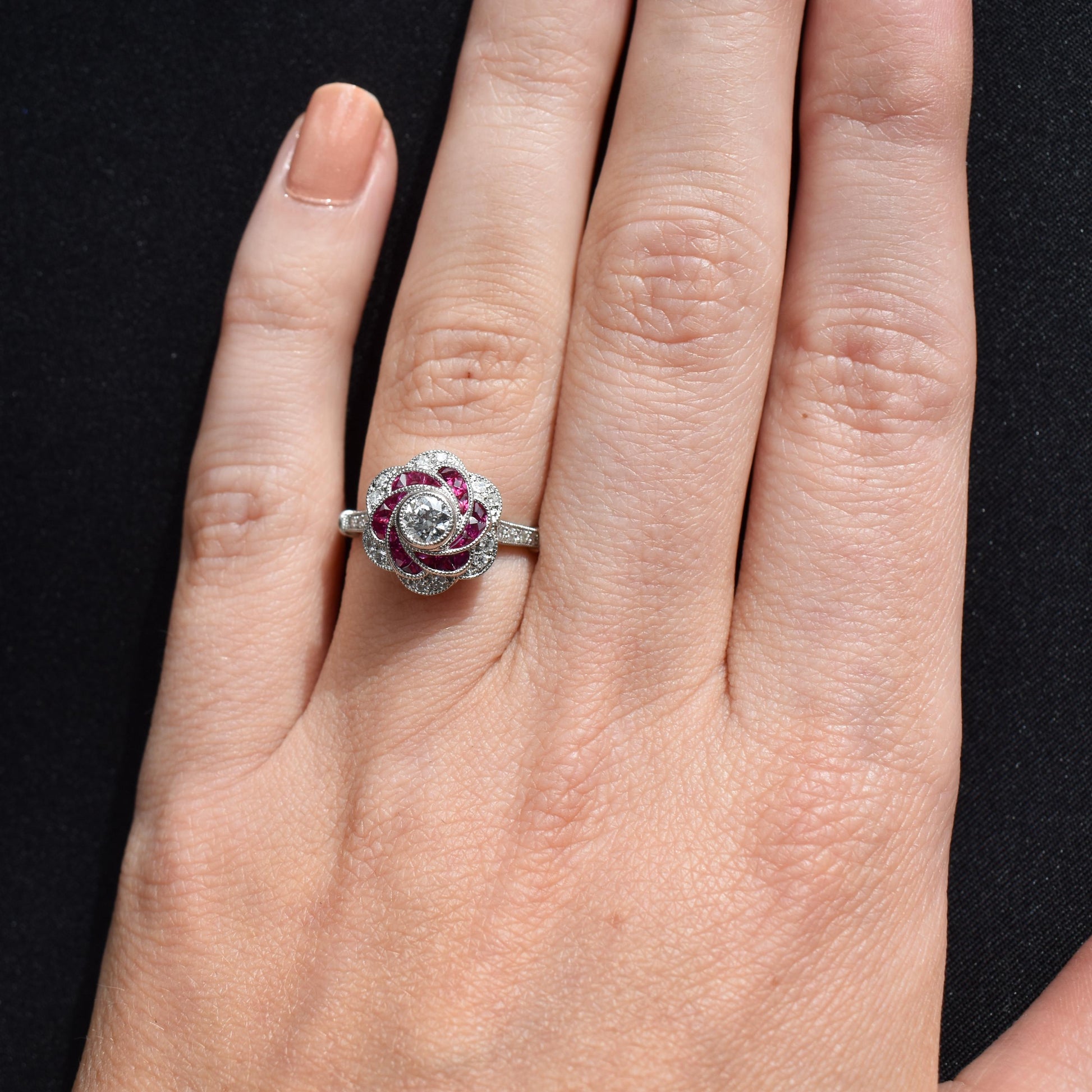 Art Deco Style Ruby and Old Cut Diamond Flower Cluster Platinum Ring