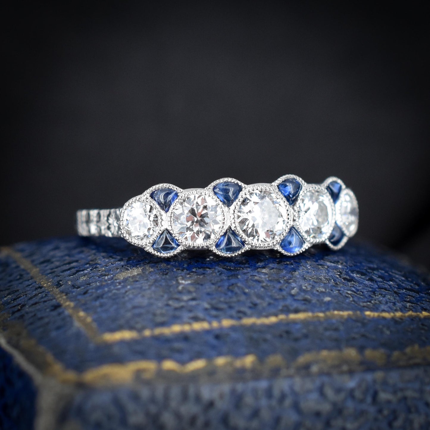 Old Cut Diamond and Sapphire Five Stone Platinum Ring - 0.75ct total