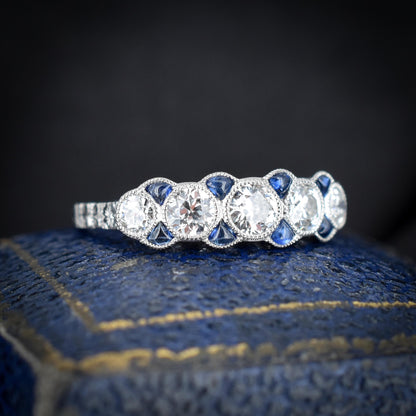 Old Cut Diamond and Sapphire Five Stone Platinum Ring - 0.75ct total