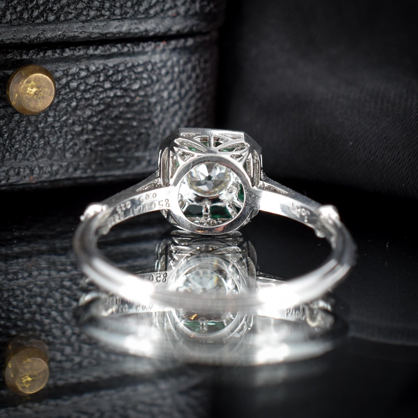 Emerald and Old Cut Diamond Cluster Halo Platinum Ring | Engagement | Art Deco Style