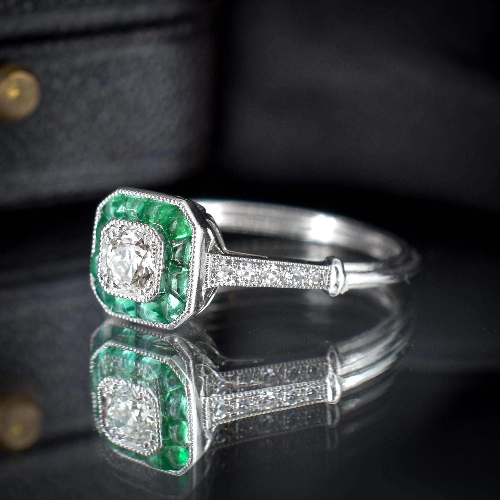 Emerald and Old Cut Diamond Cluster Halo Platinum Ring | Engagement | Art Deco Style