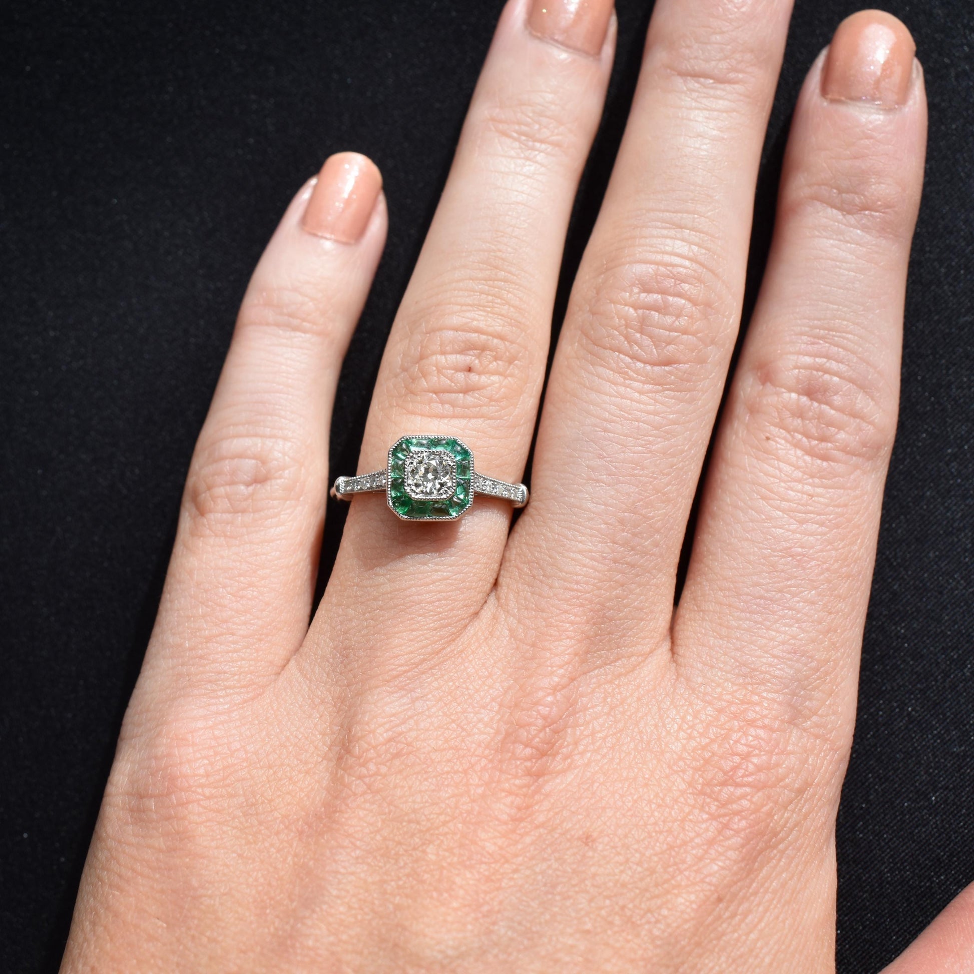 Emerald and Old Cut Diamond Cluster Halo Platinum Ring | Engagement | Art Deco Style