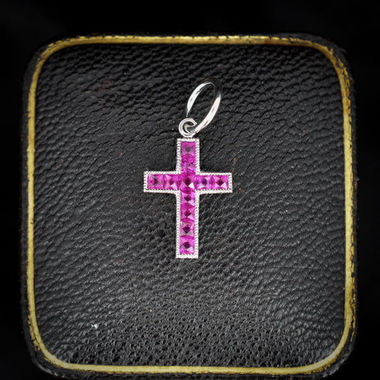 French Cut Ruby Cross Platinum Charm Pendant - 0.50ct