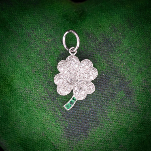 Diamond and Emerald Four Leaf Clover Platinum Charm Pendant