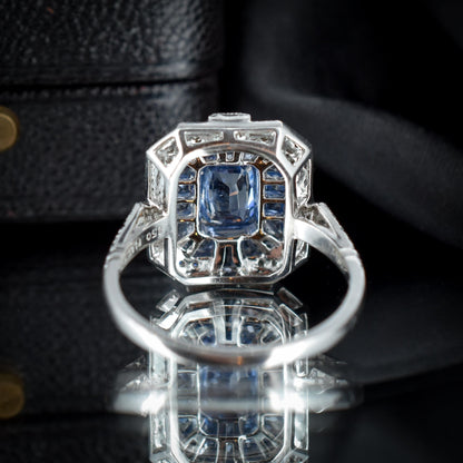 Art Deco Style Natural Ceylon Blue Sapphire and Diamond Platinum Cocktail Ring | Certified