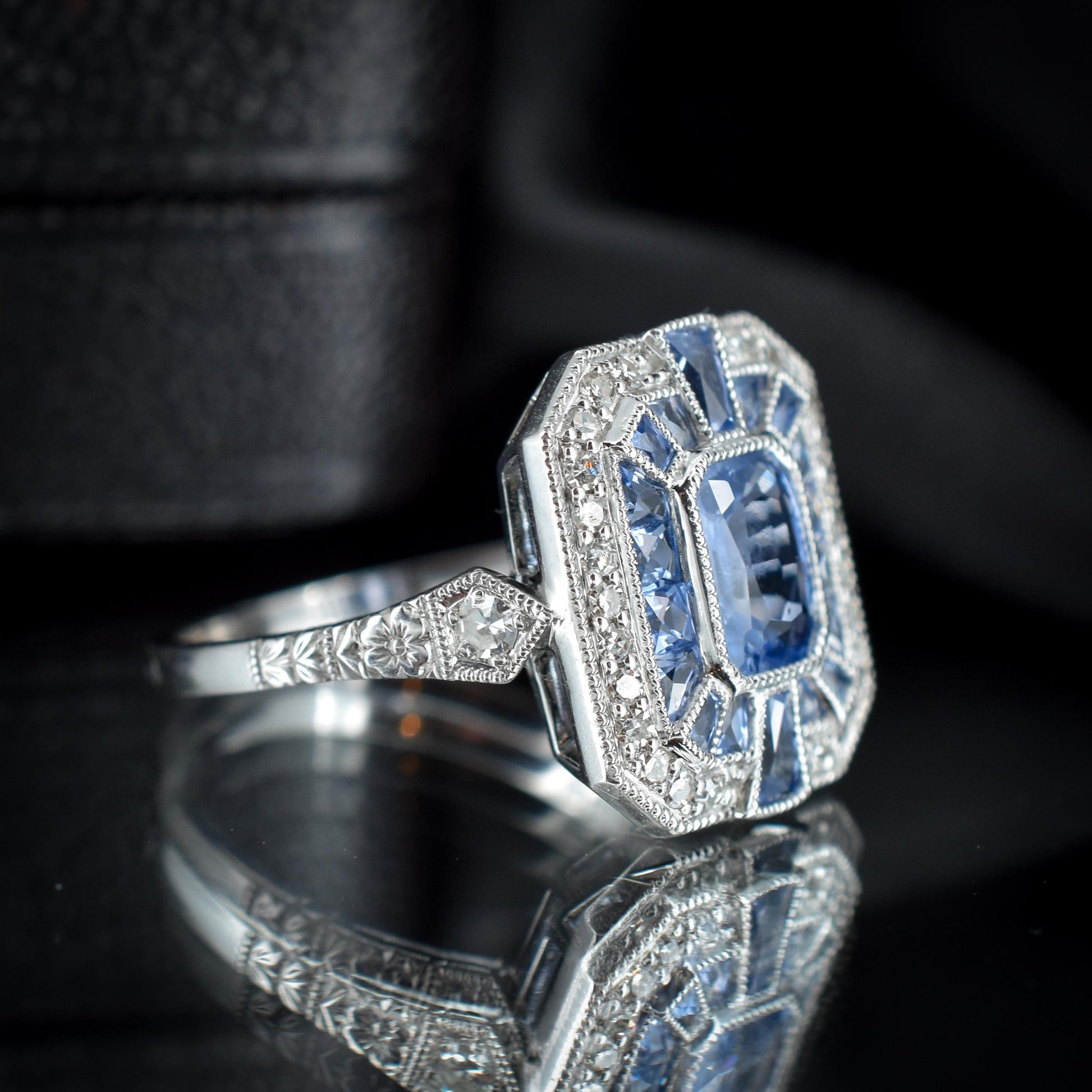 Art Deco Style Natural Ceylon Blue Sapphire and Diamond Platinum Cocktail Ring | Certified