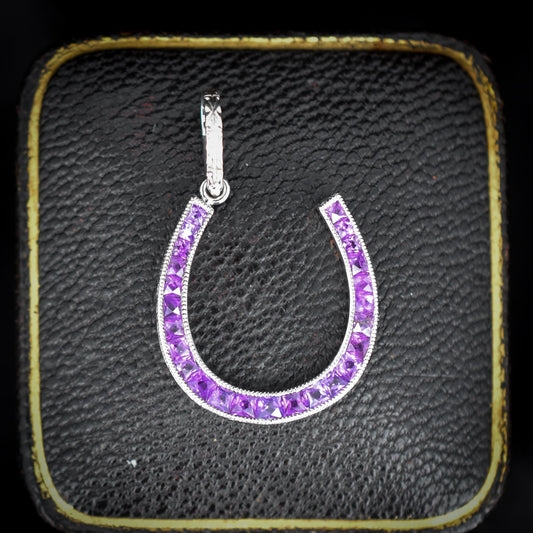 French Cut Purple Sapphire Horseshoe Platinum Charm Pendant - 0.70ct