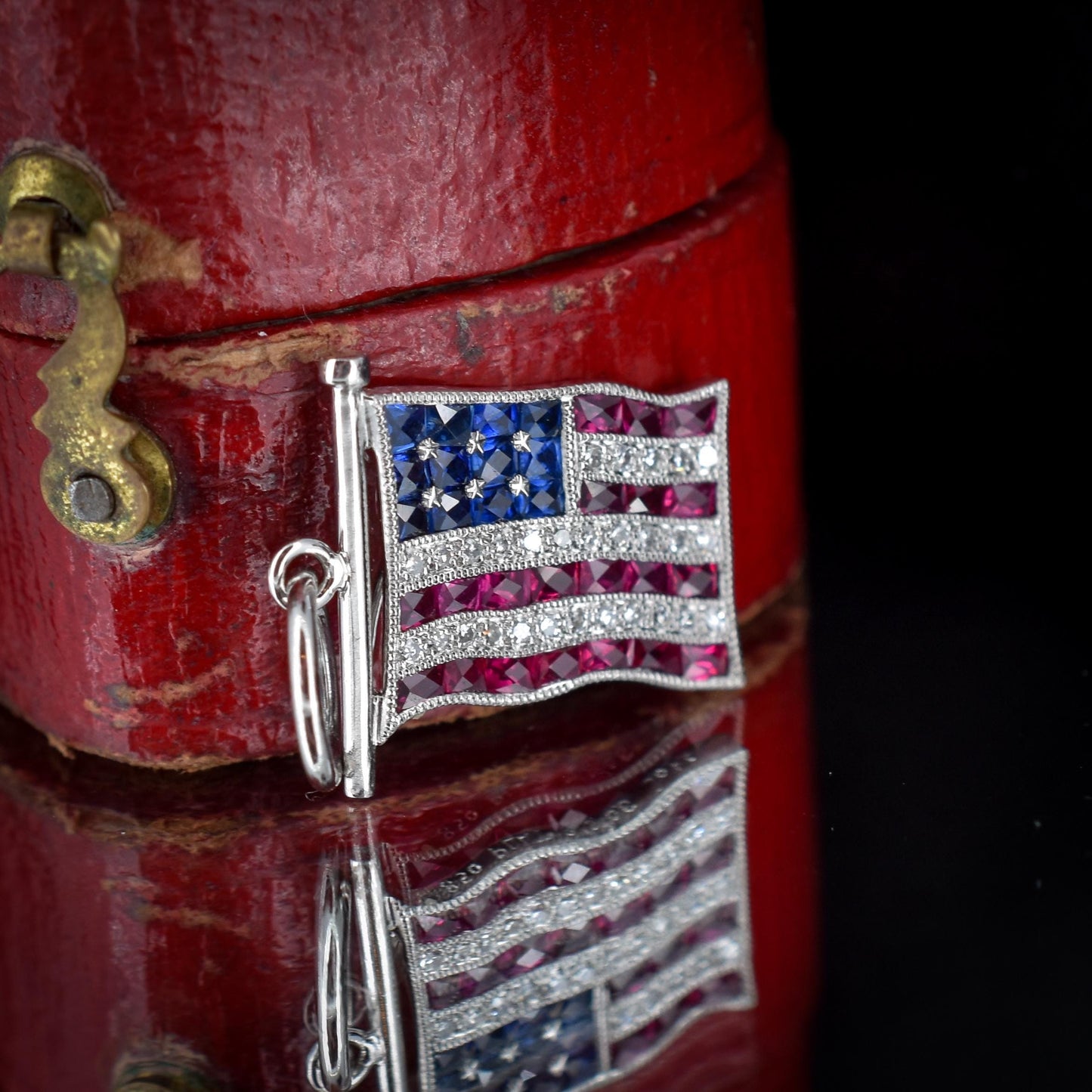 Diamond Ruby Sapphire American USA Flag Platinum Charm Pendant