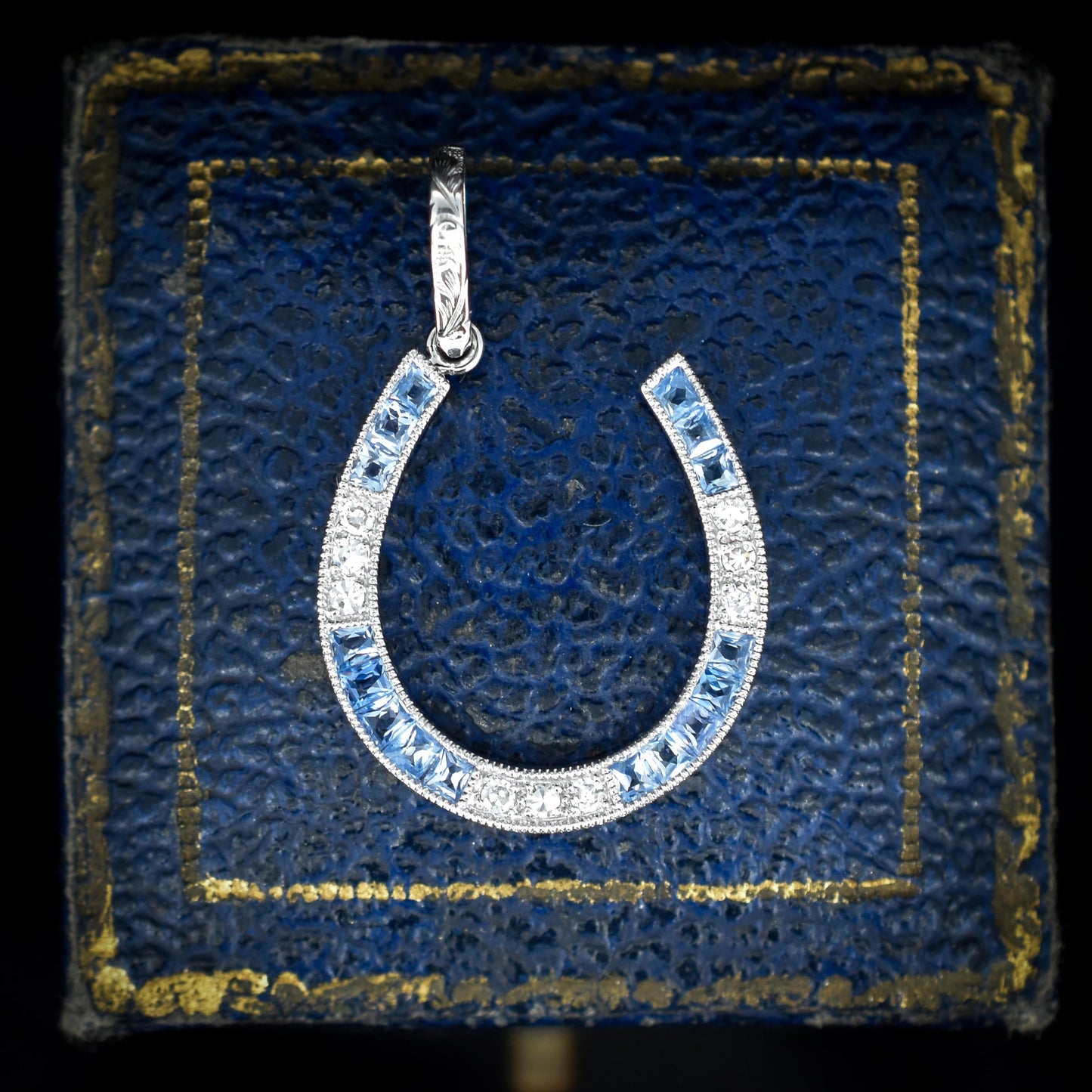 French Cut Ceylon Sapphire and Diamond Horseshoe Platinum Charm Pendant