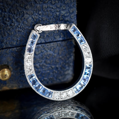 French Cut Ceylon Sapphire and Diamond Horseshoe Platinum Charm Pendant