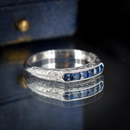 Art Deco Style Blue Sapphire Platinum Stacking Engraved Band Ring