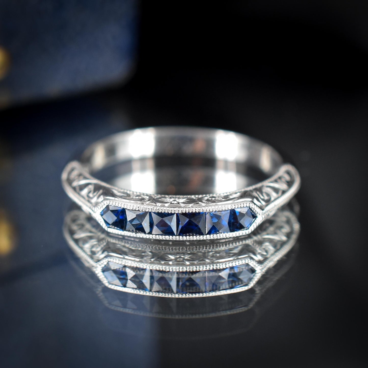 Art Deco Style Blue Sapphire Platinum Stacking Engraved Band Ring