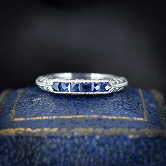 Art Deco Style Blue Sapphire Platinum Stacking Engraved Band Ring