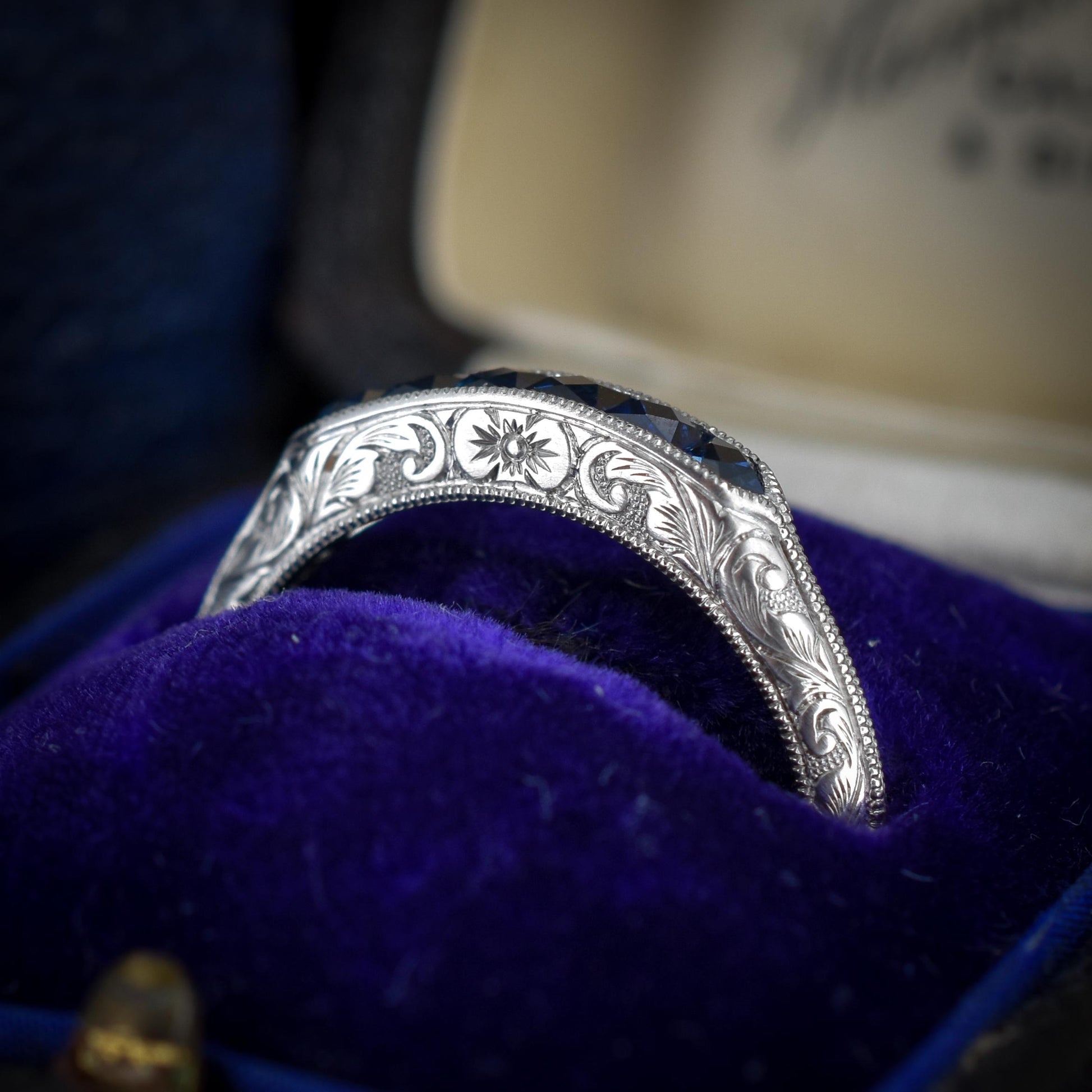 Art Deco Style Blue Sapphire Platinum Stacking Engraved Band Ring