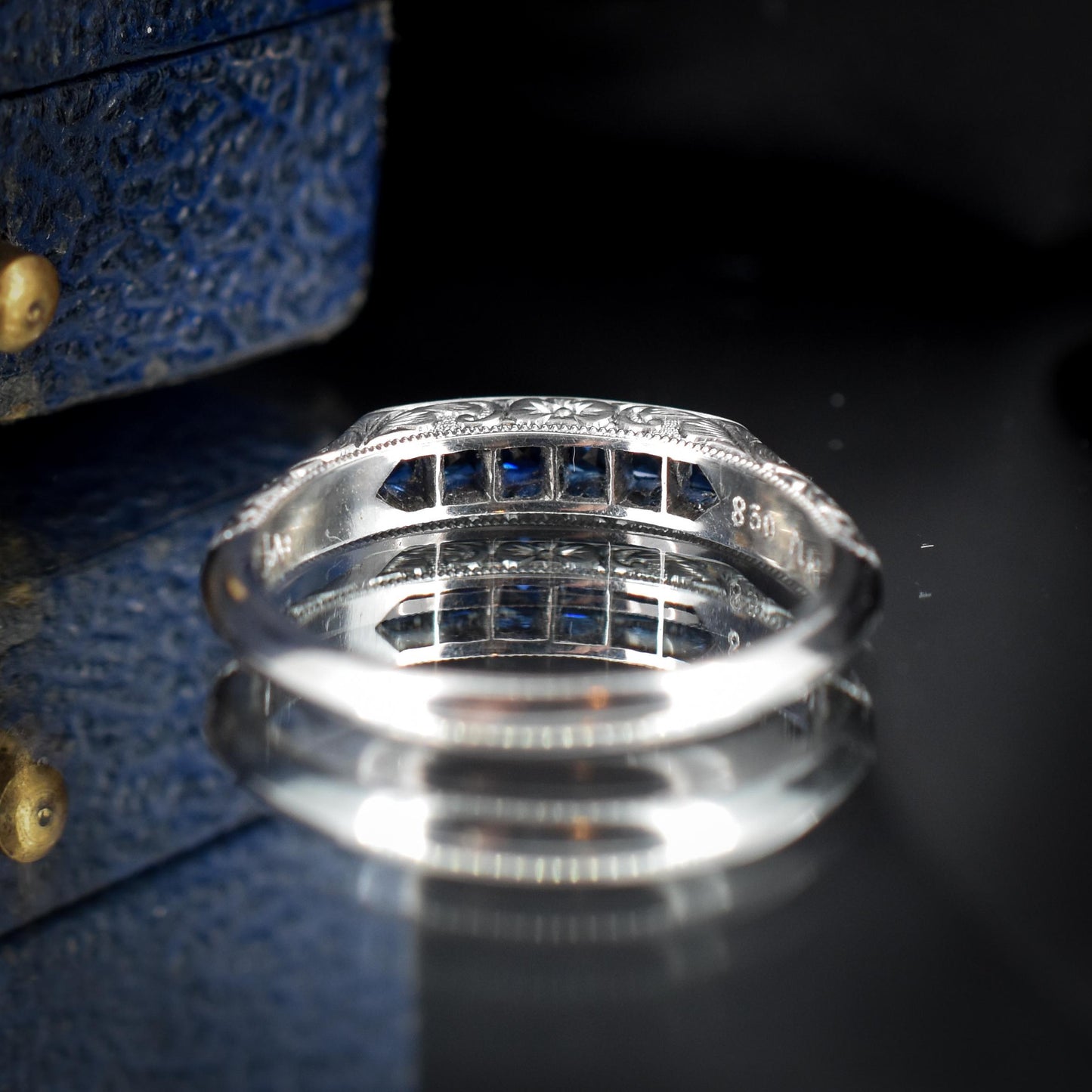 Art Deco Style Blue Sapphire Platinum Stacking Engraved Band Ring