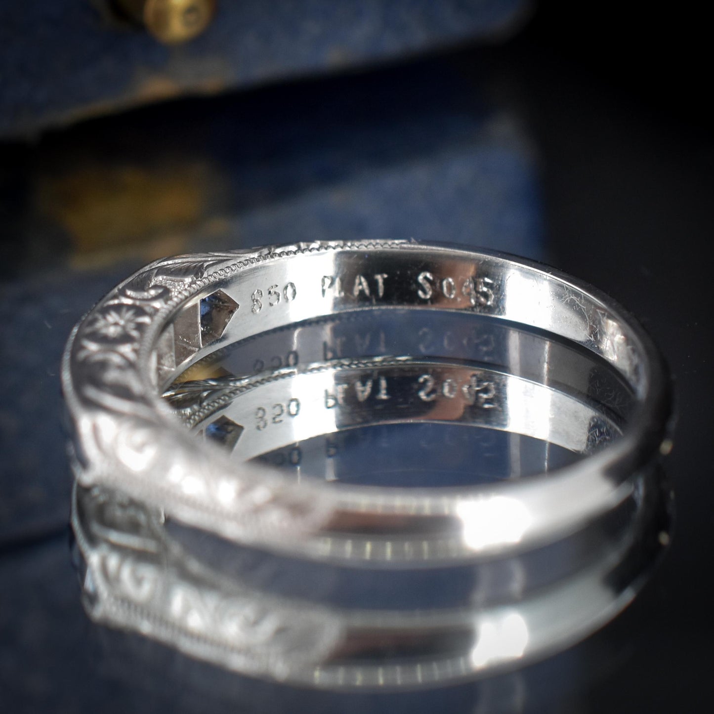 Art Deco Style Blue Sapphire Platinum Stacking Engraved Band Ring