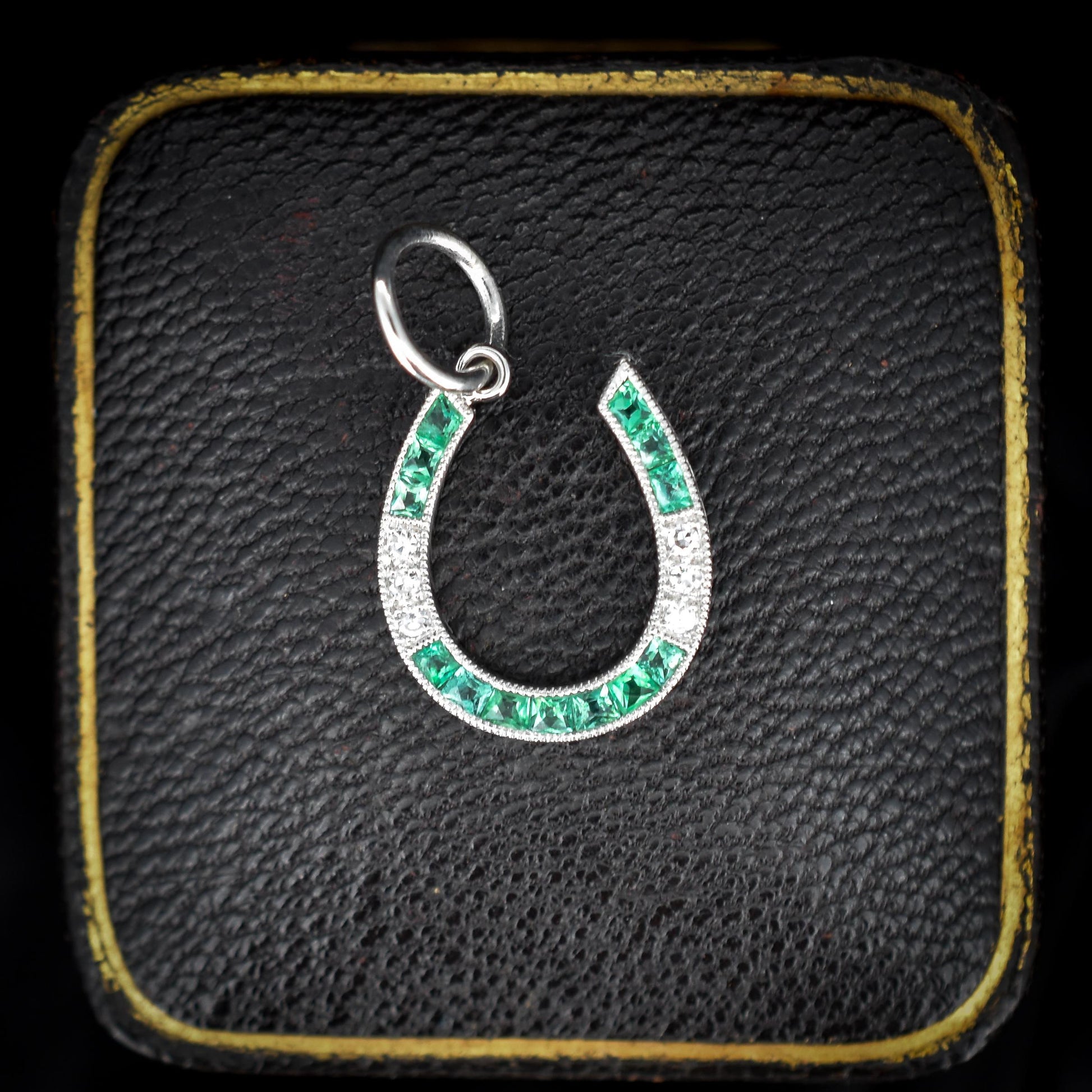 Emerald and Diamond Horseshoe Platinum Charm Pendant