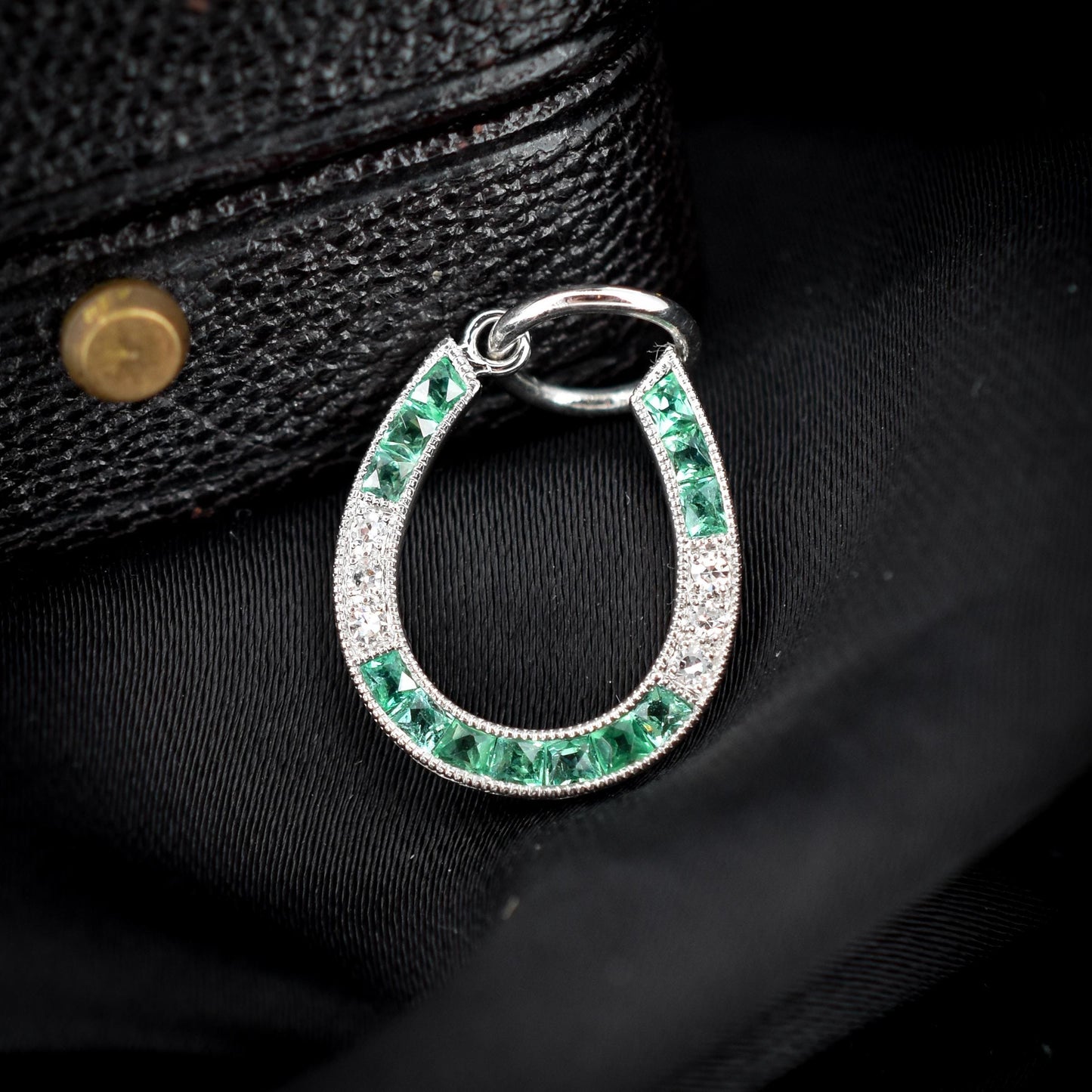 Emerald and Diamond Horseshoe Platinum Charm Pendant