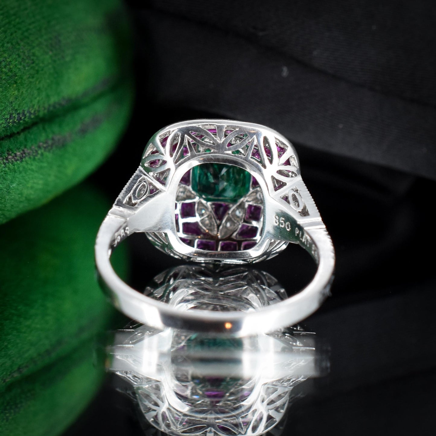 Art Deco Style Natural Emerald Diamond and Ruby Platinum Cocktail Ring