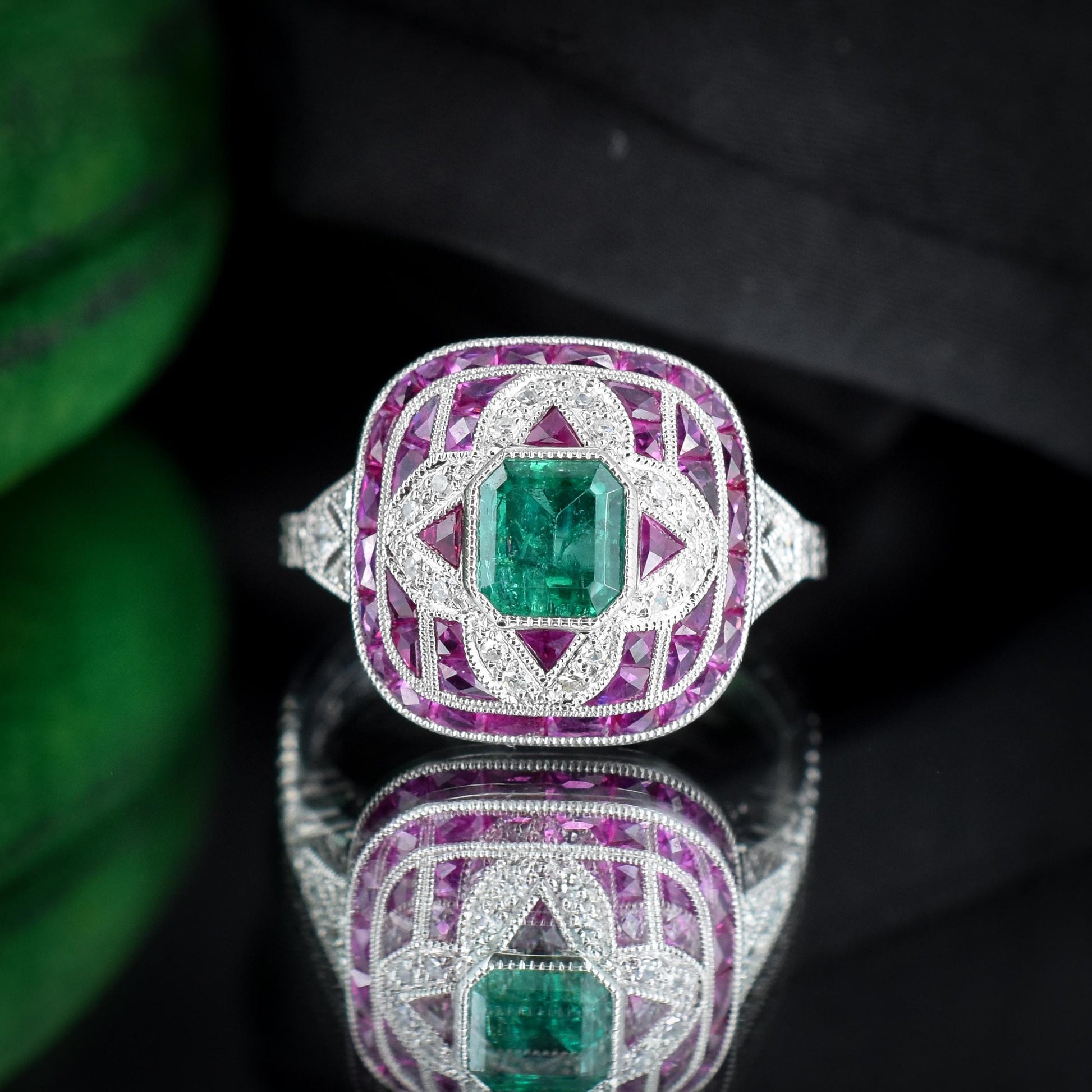 Art Deco Style Natural Emerald Diamond and Ruby Platinum Cocktail Ring