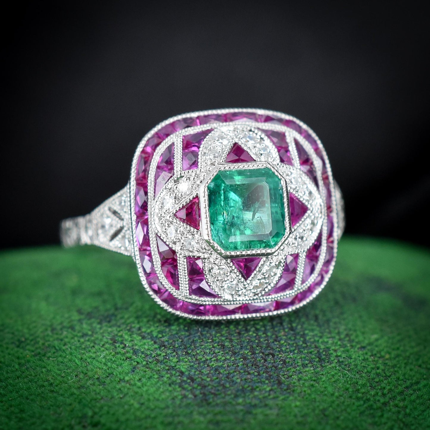 Art Deco Style Natural Emerald Diamond and Ruby Platinum Cocktail Ring