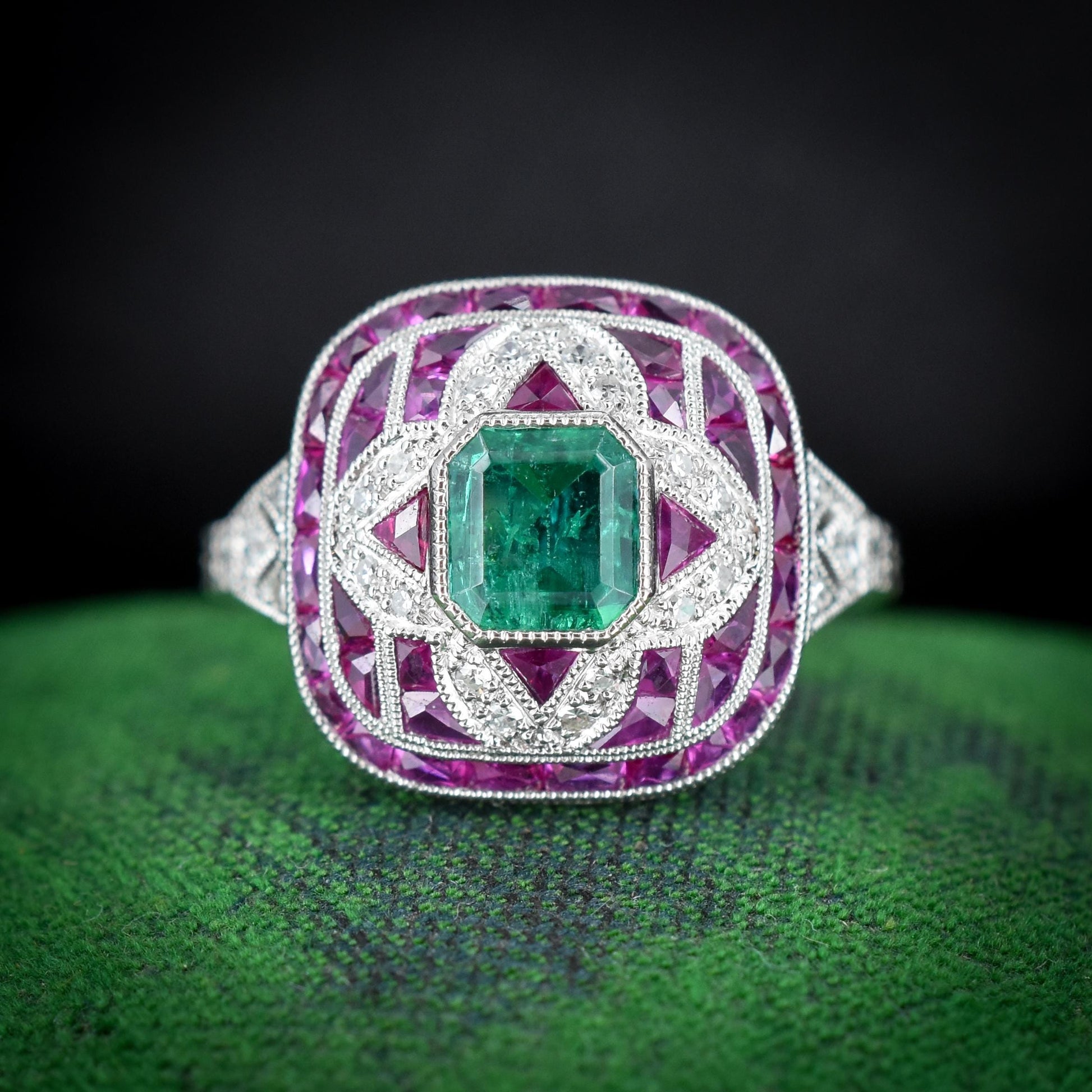 Art Deco Style Natural Emerald Diamond and Ruby Platinum Cocktail Ring