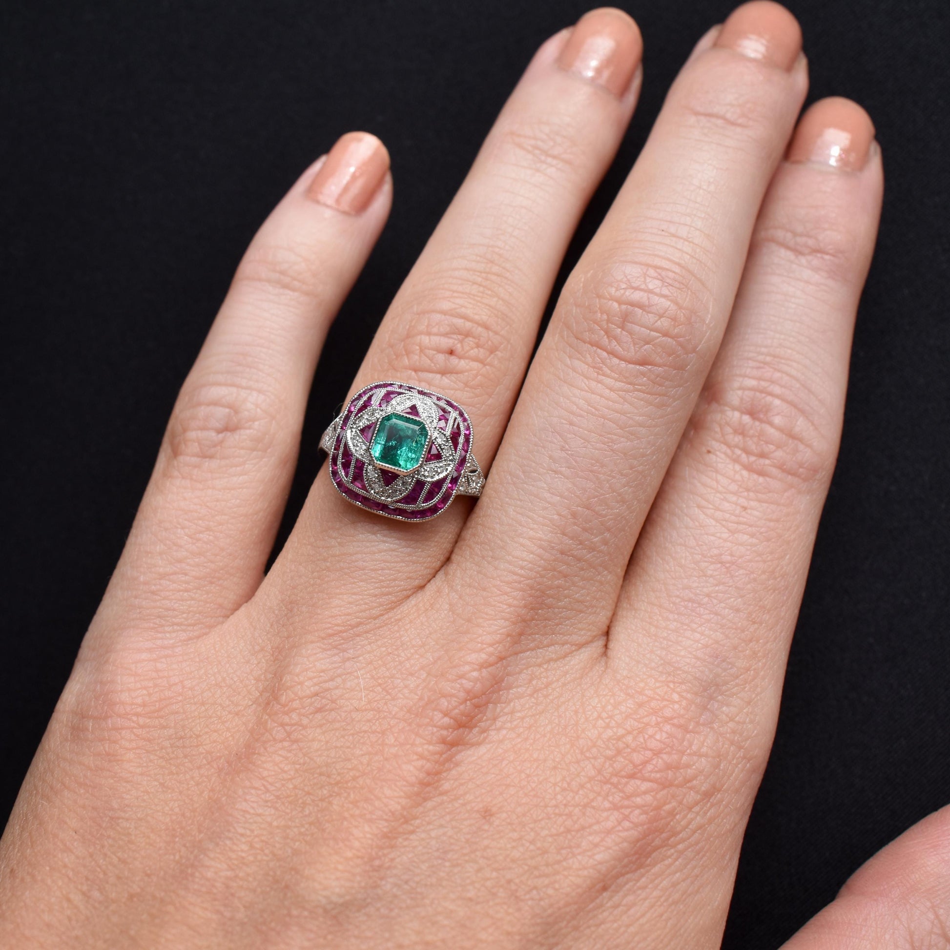 Art Deco Style Natural Emerald Diamond and Ruby Platinum Cocktail Ring