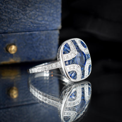 Art Deco Style Blue Sapphire and Diamond Platinum Cocktail Ring