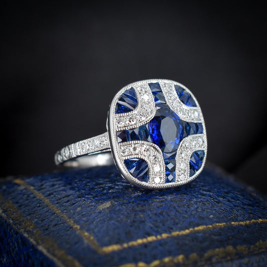 Art Deco Style Blue Sapphire and Diamond Platinum Cocktail Ring