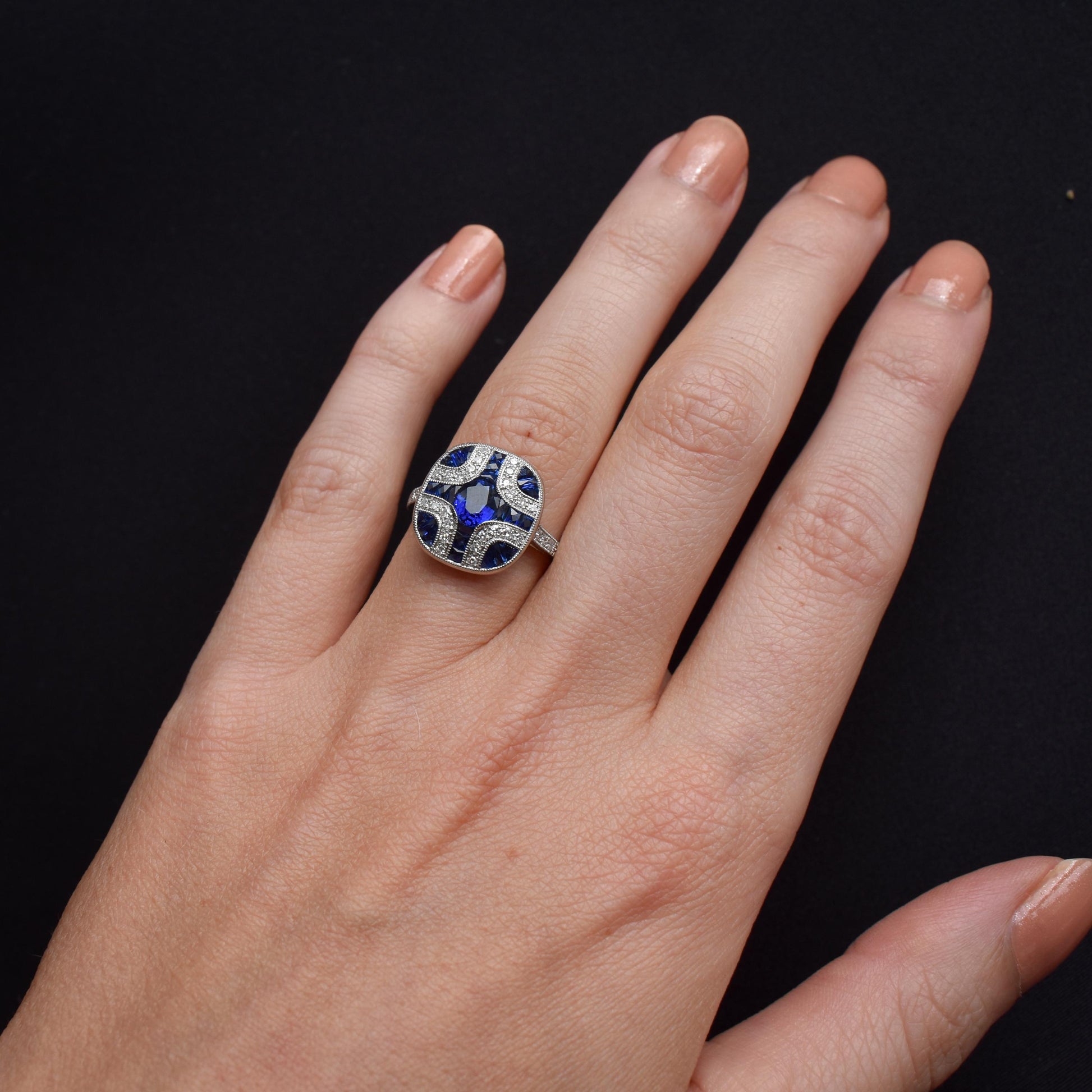 Art Deco Style Blue Sapphire and Diamond Platinum Cocktail Ring