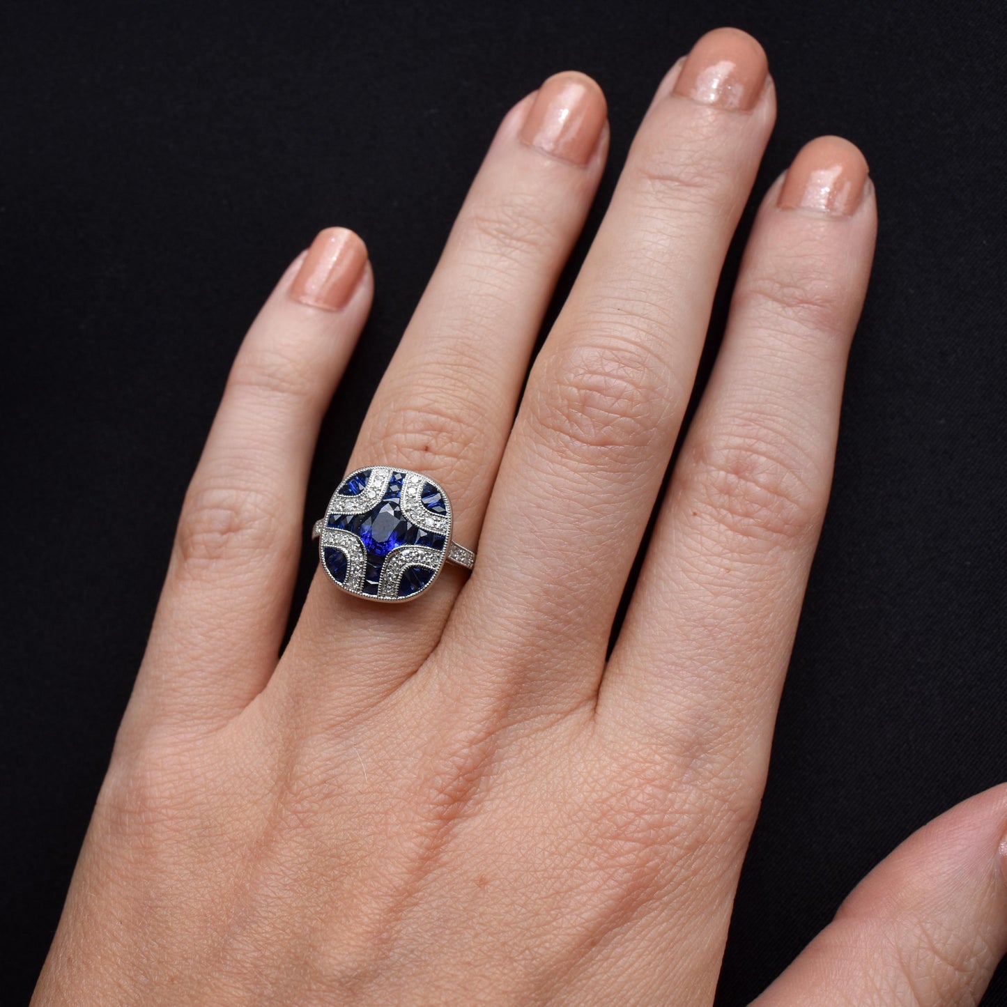 Art Deco Style Blue Sapphire and Diamond Platinum Cocktail Ring