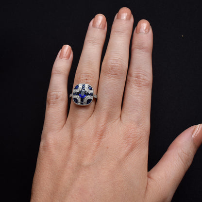 Art Deco Style Blue Sapphire and Diamond Platinum Cocktail Ring