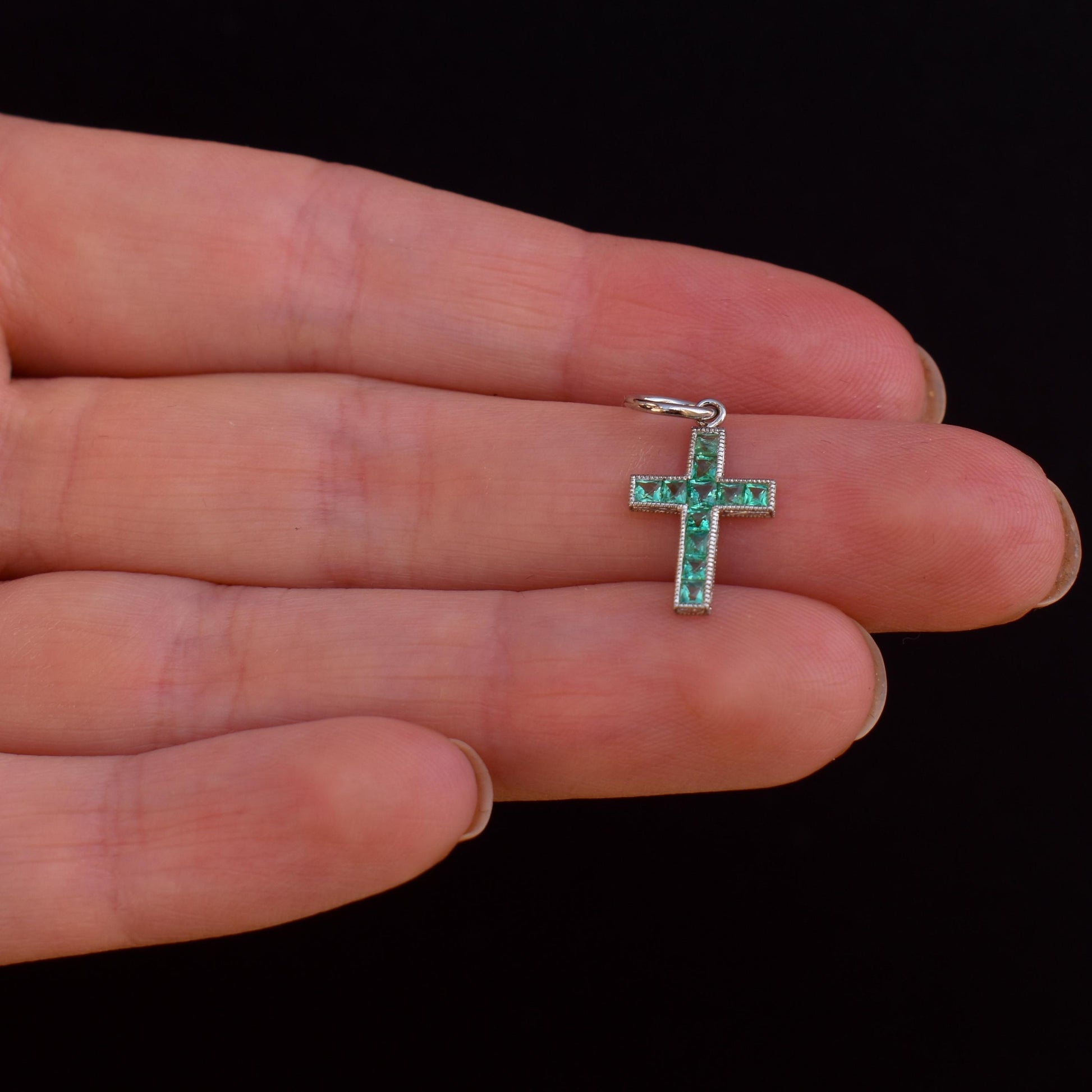 French Cut Emerald Cross Platinum Charm Pendant - 0.40ct