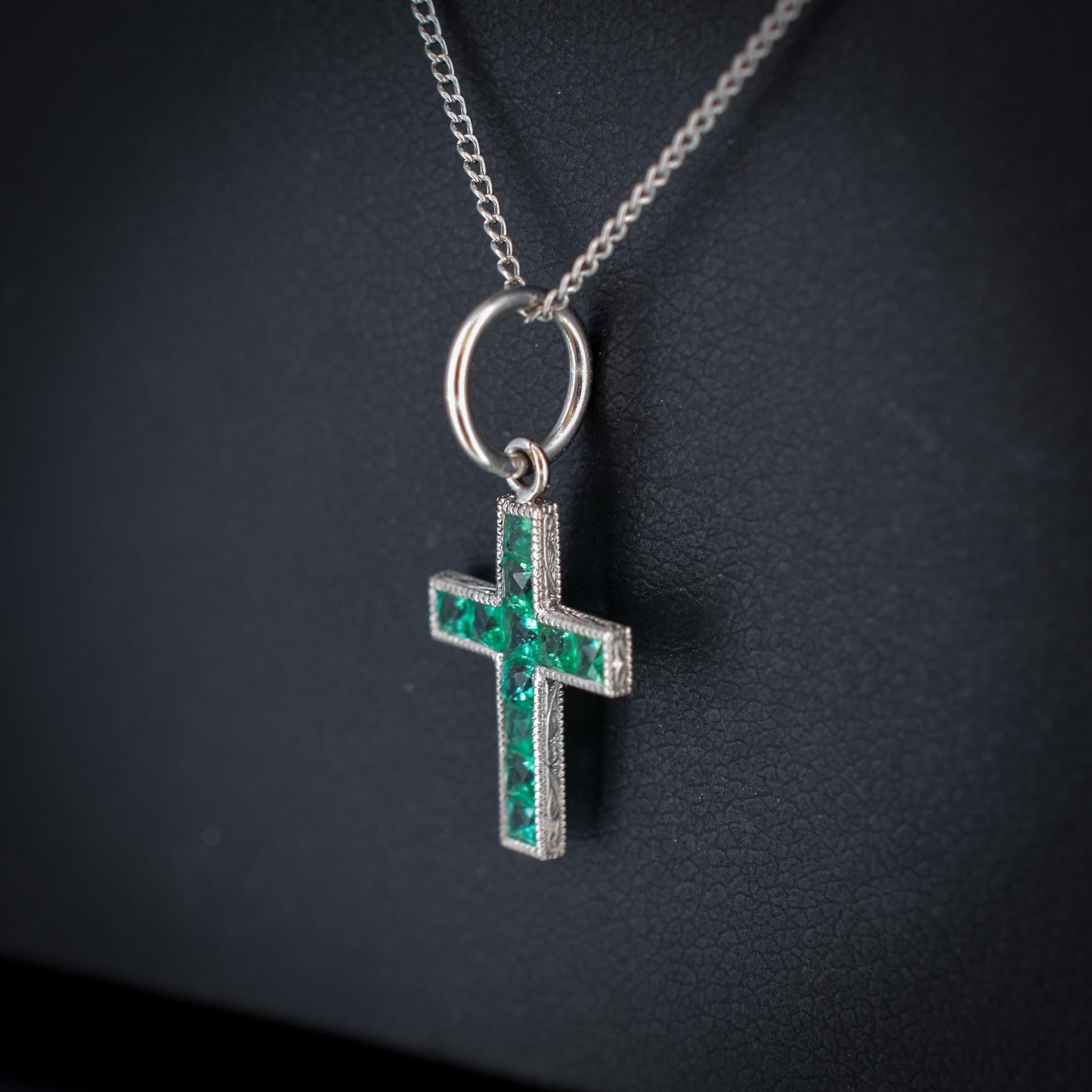 French Cut Emerald Cross Platinum Charm Pendant - 0.40ct