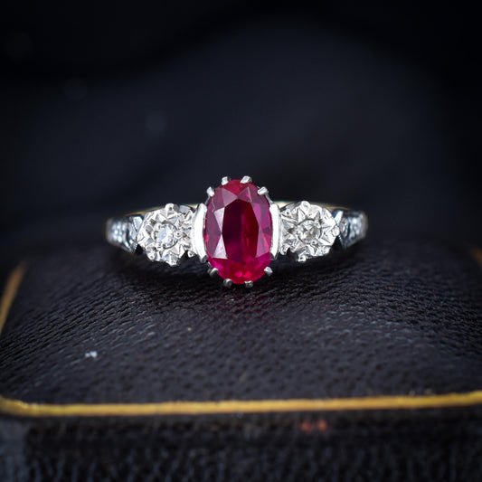 Vintage Ruby and Diamond 18ct Gold Platinum Three Stone Trilogy Ring