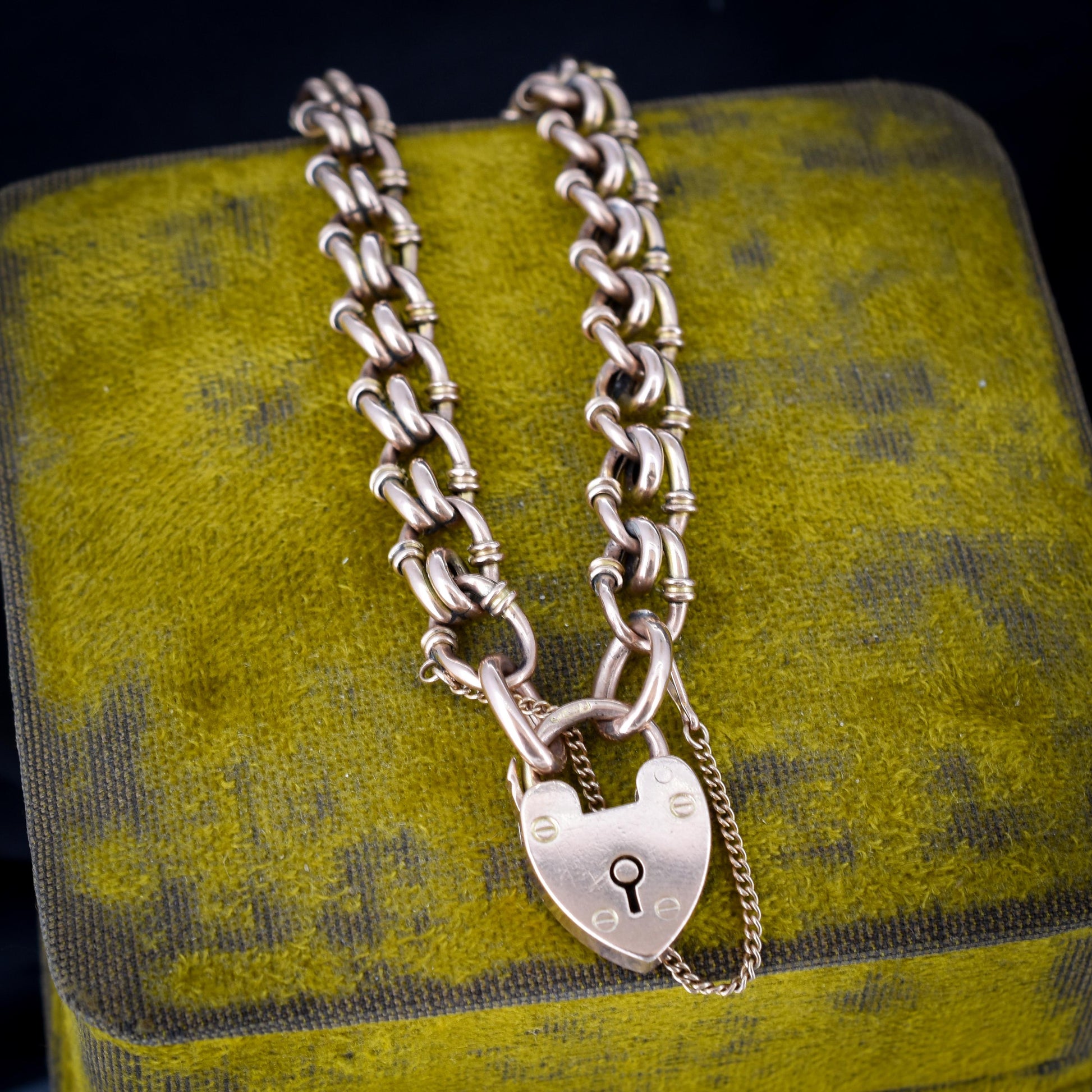 Antique Heart Padlock Fancy Gate 9ct Gold Bracelet