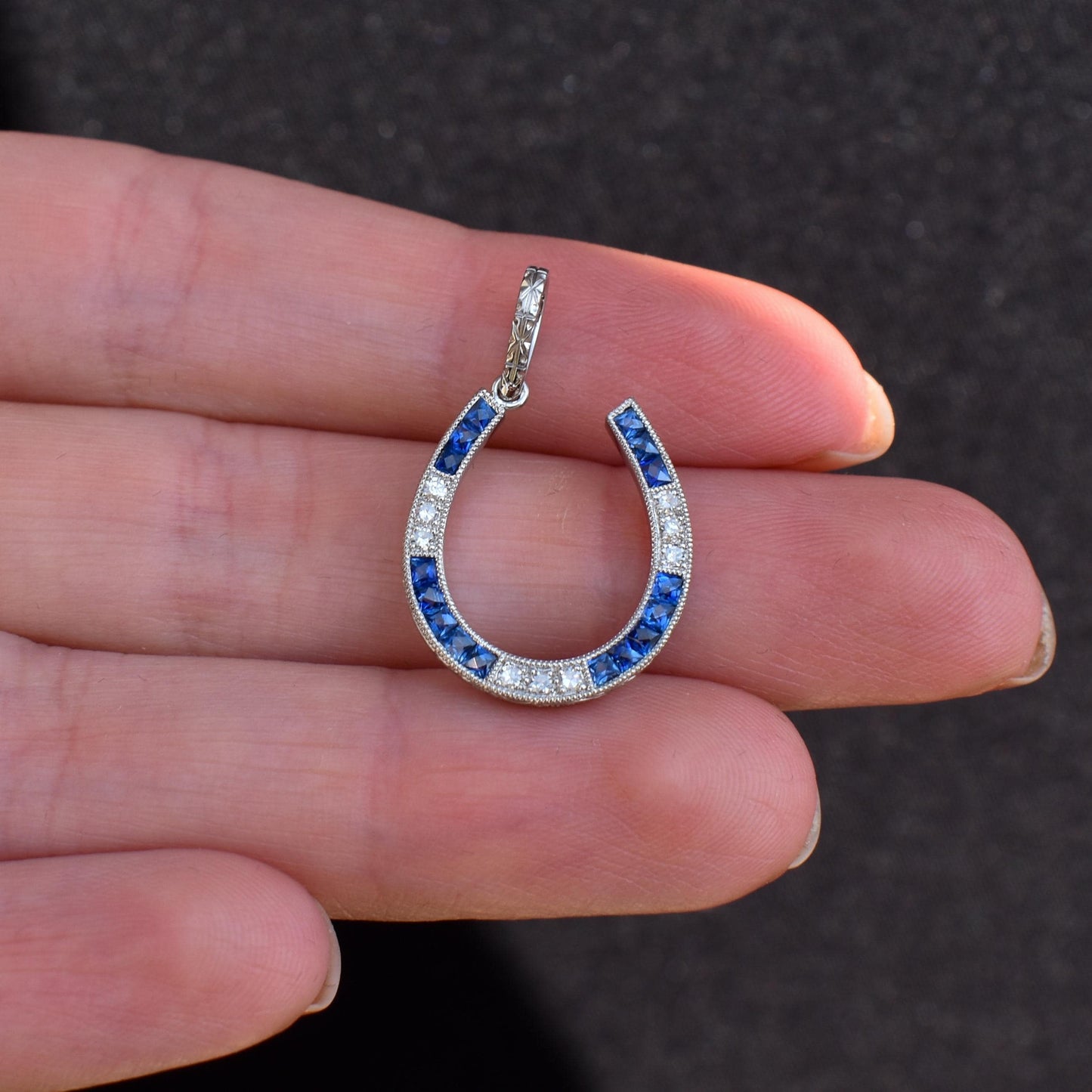 French Cut Blue Sapphire and Diamond Horseshoe Platinum Charm Pendant