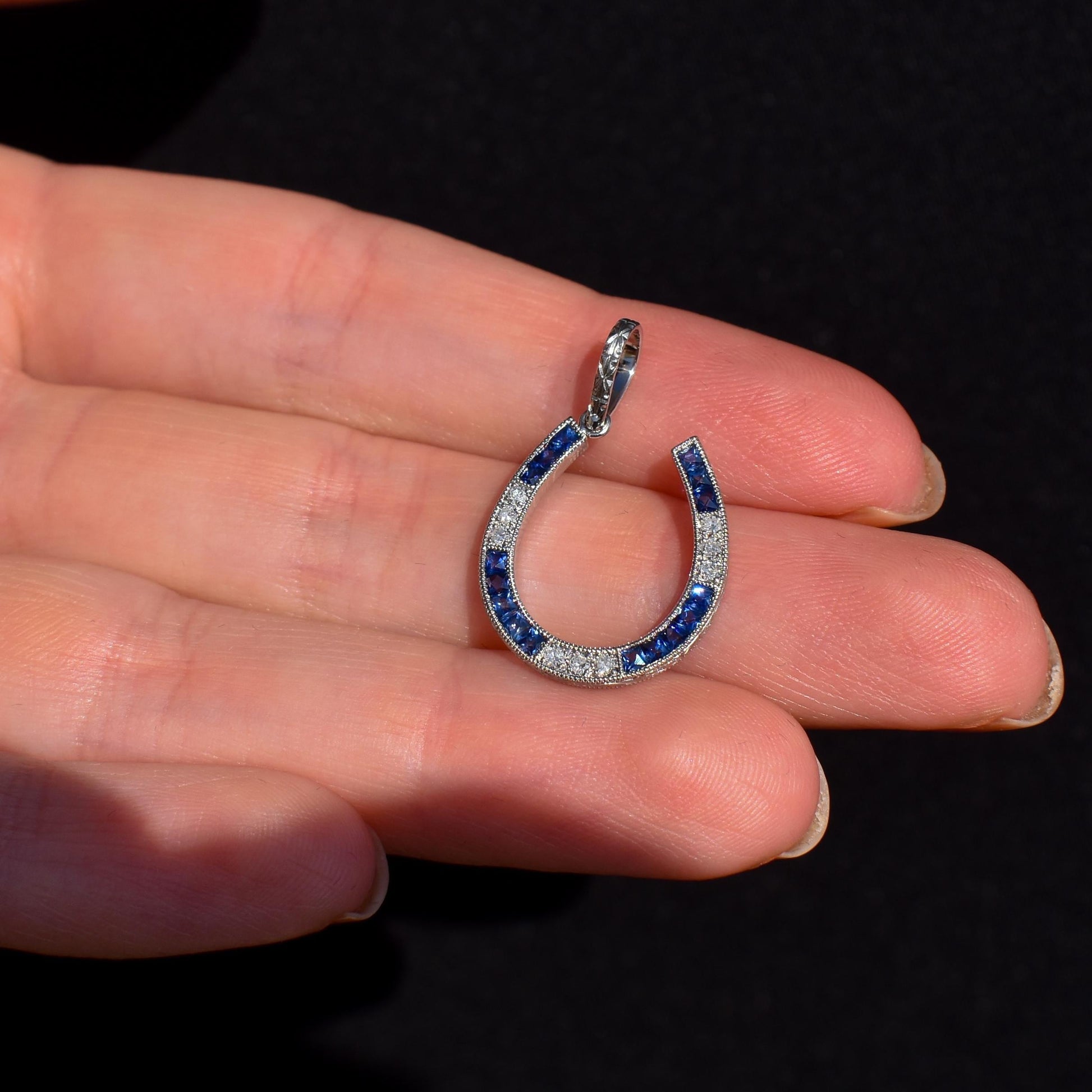 French Cut Blue Sapphire and Diamond Horseshoe Platinum Charm Pendant