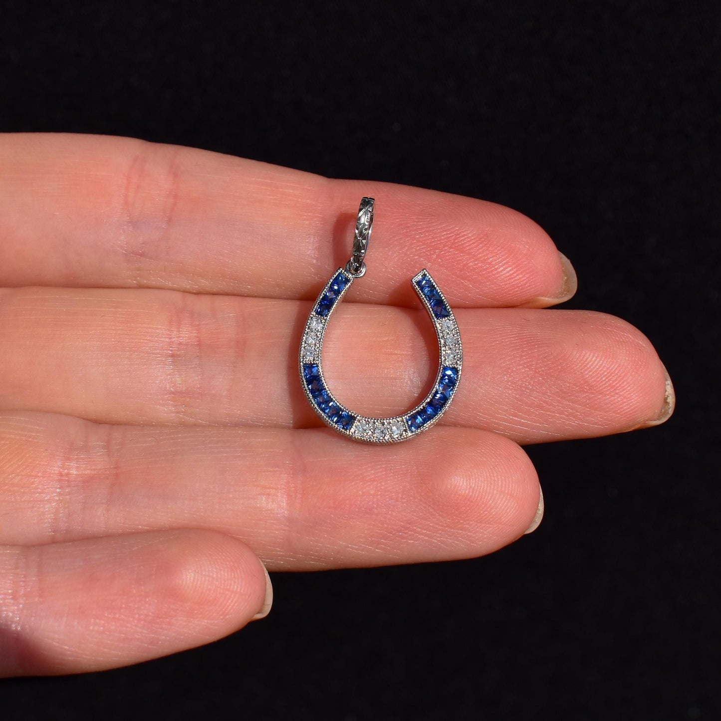 French Cut Blue Sapphire and Diamond Horseshoe Platinum Charm Pendant