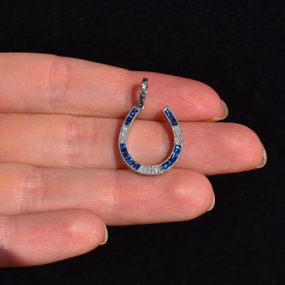 French Cut Blue Sapphire and Diamond Horseshoe Platinum Charm Pendant