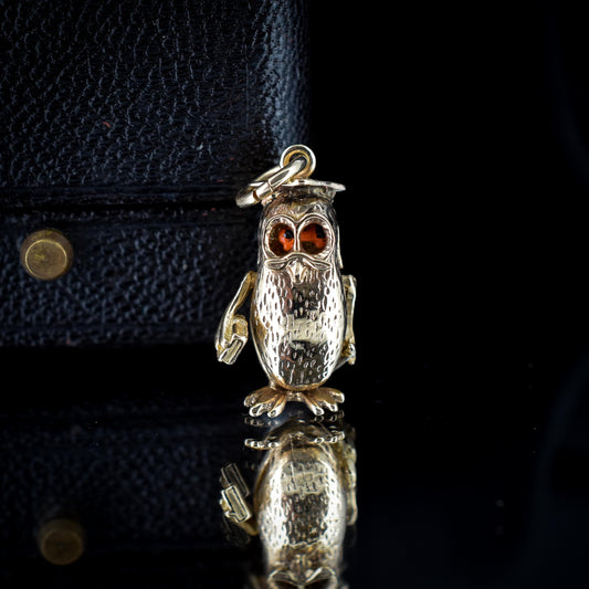 Vintage Graduation Owl Articulated 9ct Yellow Gold Charm Pendant