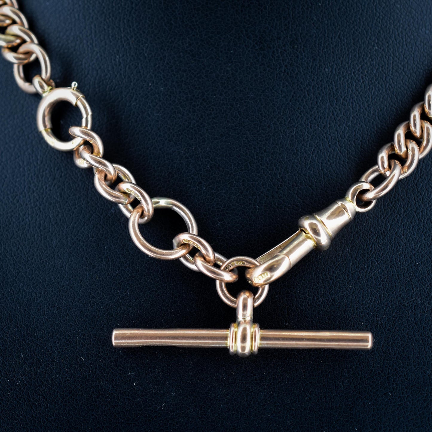 Antique 9ct Gold Curb Link Albert Watch Chain Necklace with T-Bar and Dog Clip