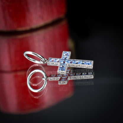 French Cut Ceylon Sapphire Cross Platinum Charm Pendant - 0.50ct