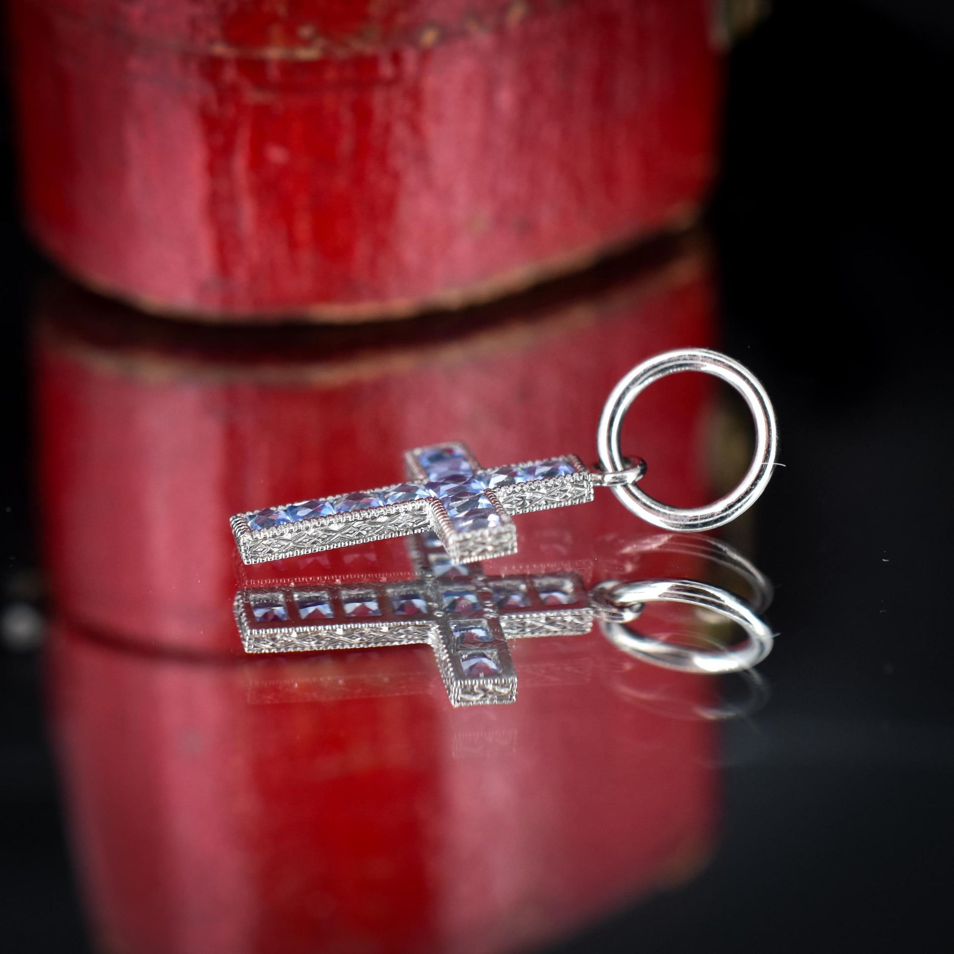 French Cut Ceylon Sapphire Cross Platinum Charm Pendant - 0.50ct