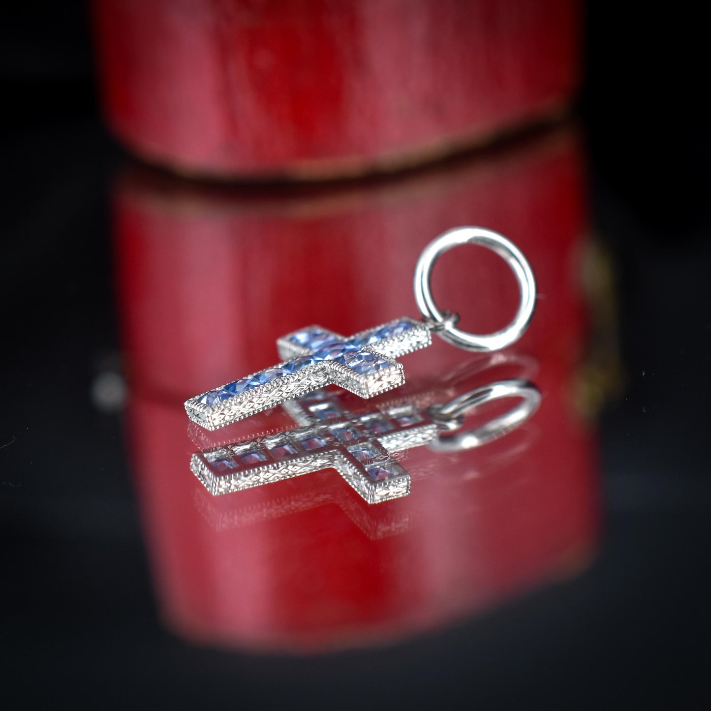 French Cut Ceylon Sapphire Cross Platinum Charm Pendant - 0.50ct