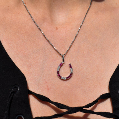 French Cut Ruby and Diamond Horseshoe Platinum Charm Pendant