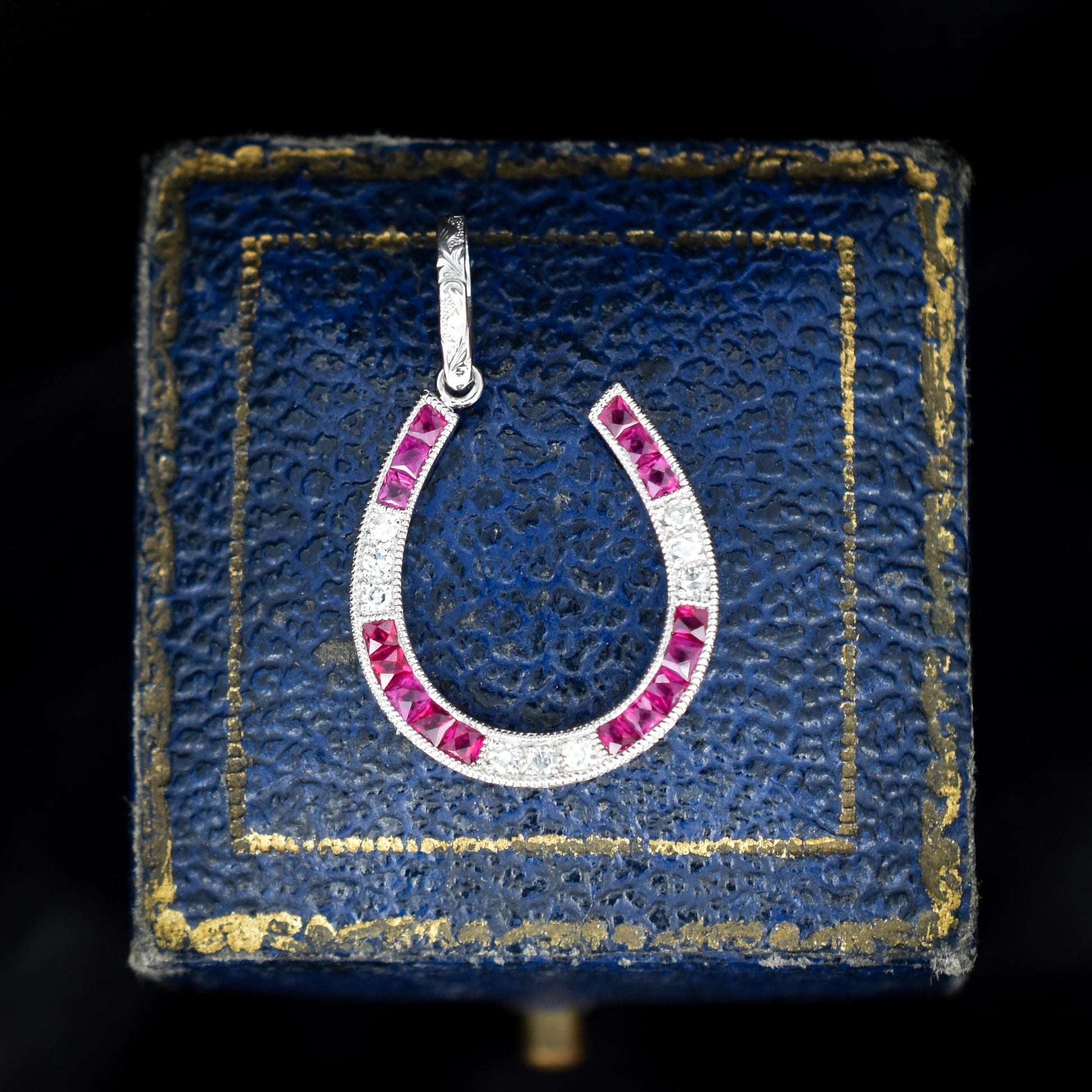 French Cut Ruby and Diamond Horseshoe Platinum Charm Pendant