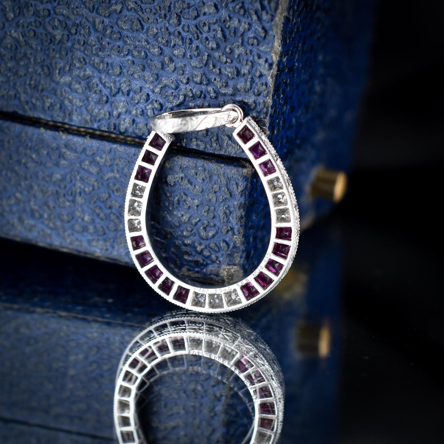 French Cut Ruby and Diamond Horseshoe Platinum Charm Pendant