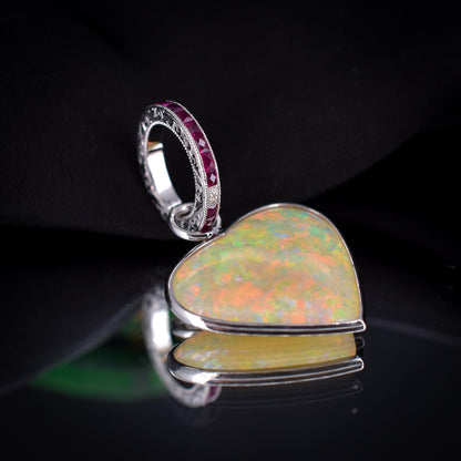 5.81ct Natural Solid Australian Opal Heart and Ruby Platinum Charm Pendant